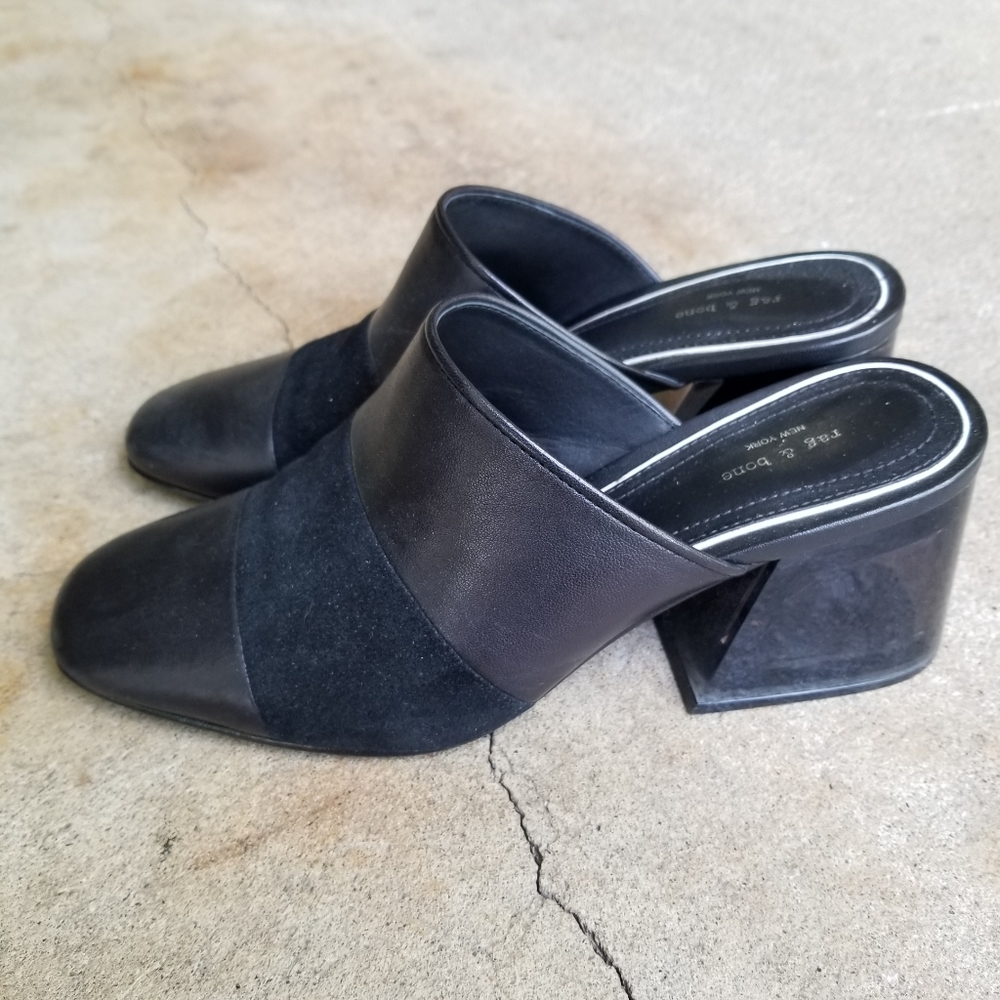 Rag & Bone Black Leather Suede Millie Mules Lucite - Picture 7 of 9